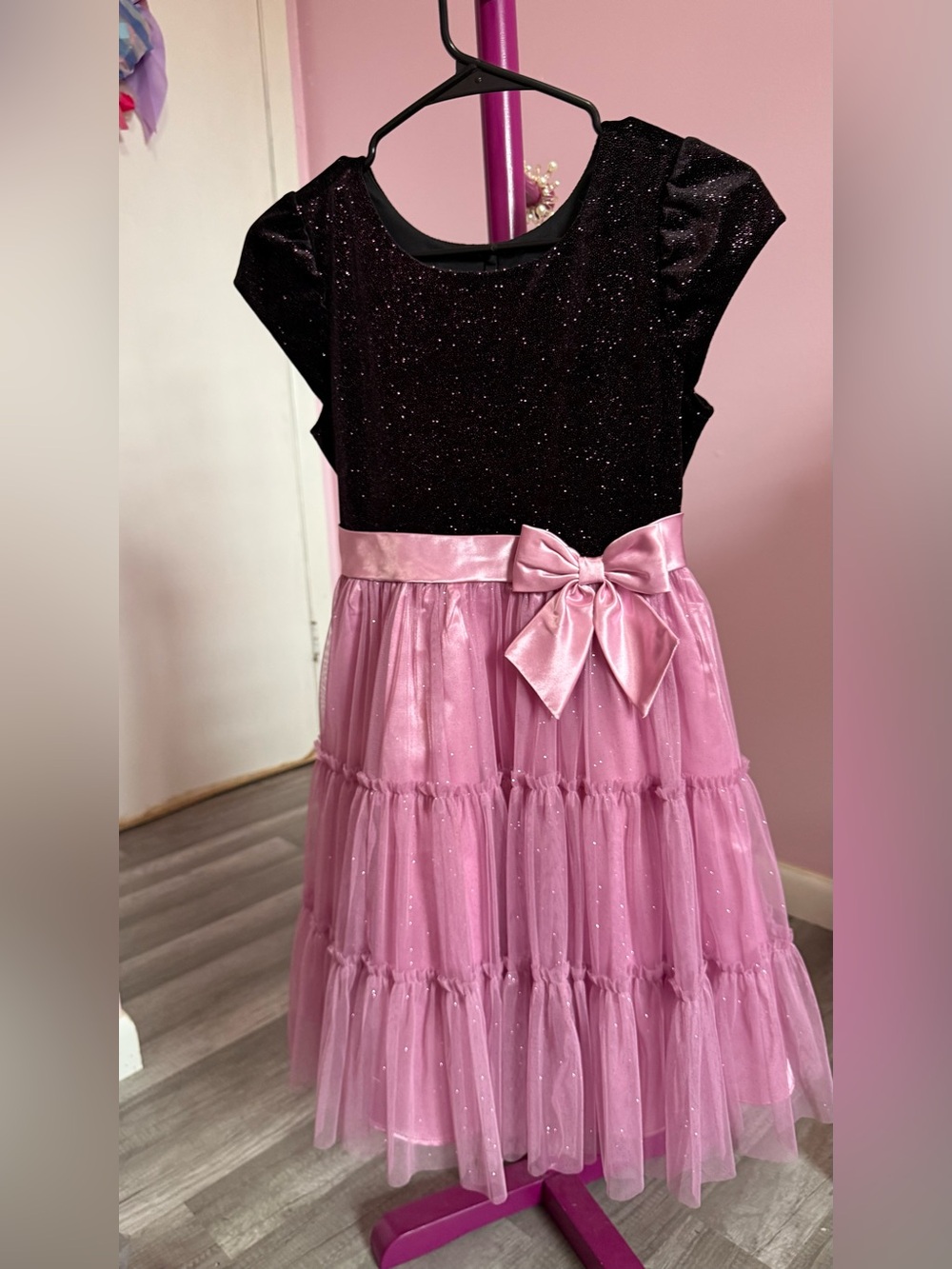 Jona Michelle Black Glitter Bodice Pink Tulle Bow Party Dress